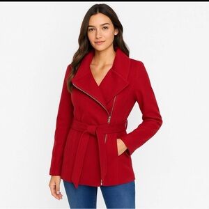 Express Red Asymmetrical Zipper Wool Belted Trench Coat Jacket Size Small / S